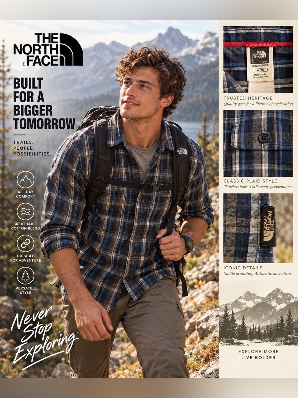 The North Face Men's Navy and Gray Plaid Button-Down Shirt